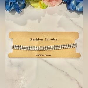 Rhinestone Silver Toned 3 Row Choker Necklace